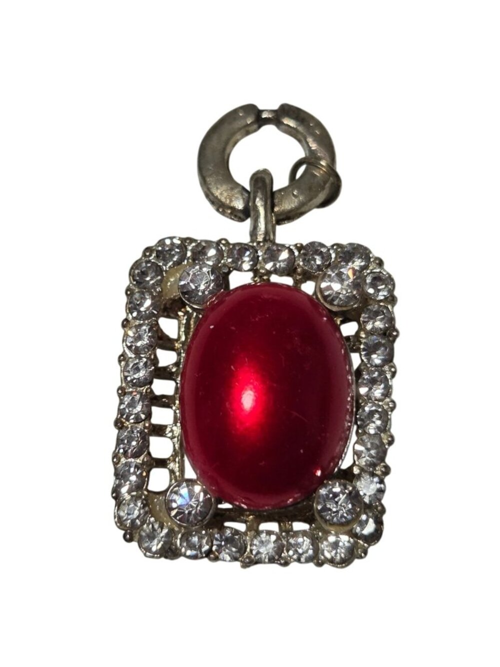 Vintage Red Gem Pendant Rhinestone Accents Gold Tone Rectangule Retro Fashion
